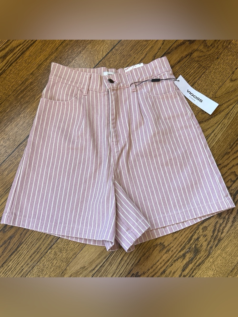 Vigoss Blush Pink Vertical-Stripe High Waist Shorts